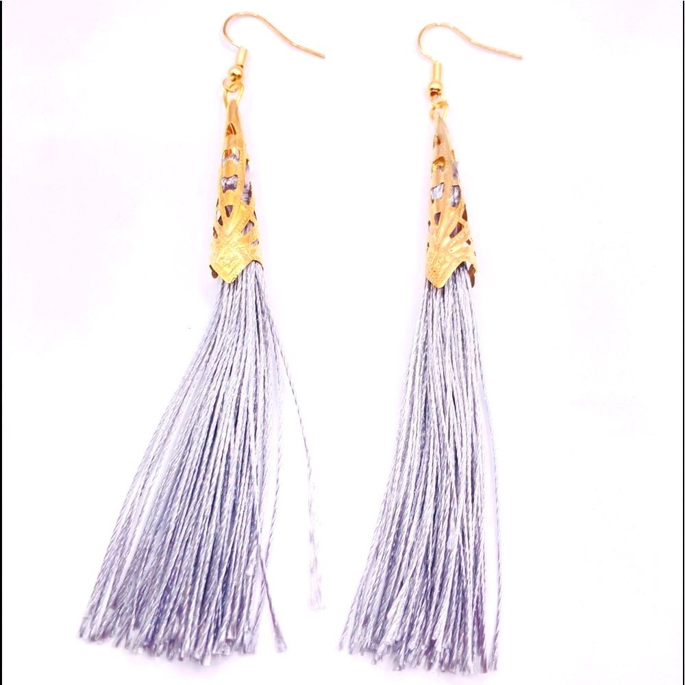 Boho Gold Filigree Gray Thread Tassel Earrings